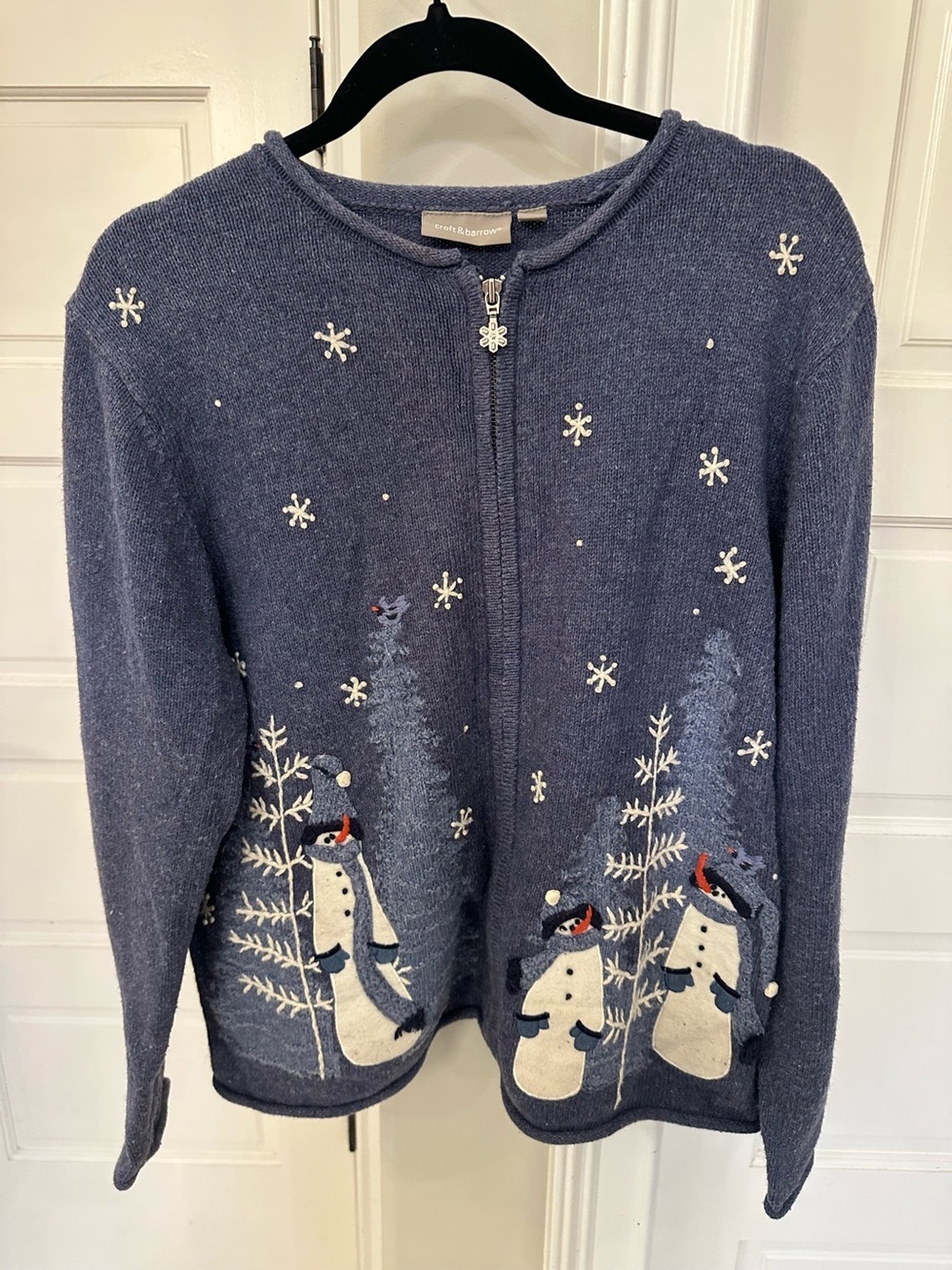 Croft Barrow Sweater Women’s L Full Zip Cardigan Snowman Christmas Holiday Blue